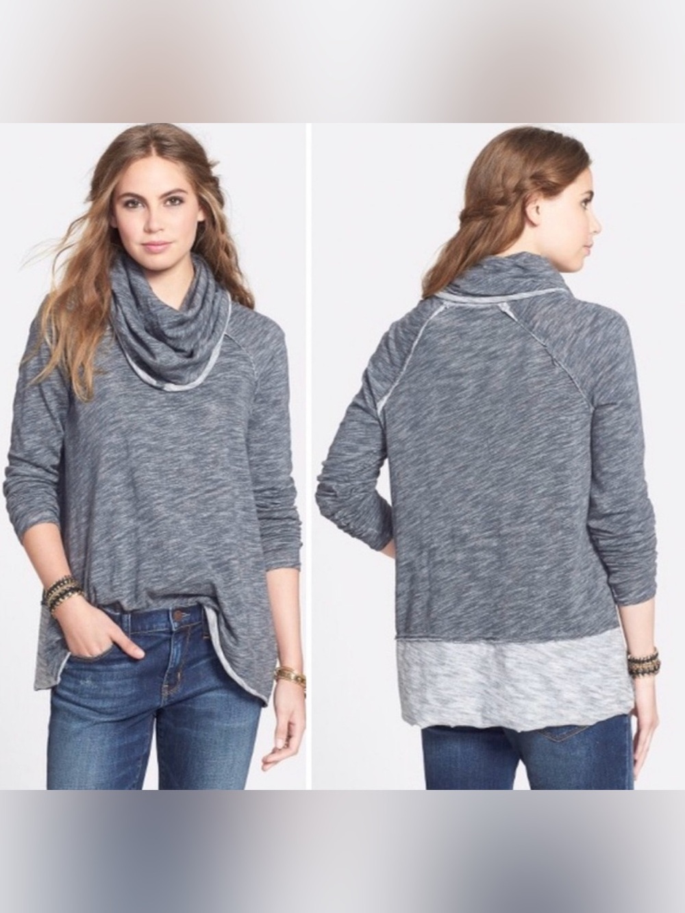 FREE PEOPLE FP Beach Cacoon Cowl Neck Knit Top Gray Black  Space Dye‎ One Size